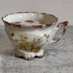 Vintage German Porcelain Mustache Cup Floral With Gold Trim Yellow Flowers